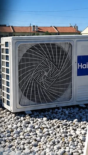 Unidade exterior de ar condicionado Haier instalada numa cobertura em Vila Nova de Famalicão